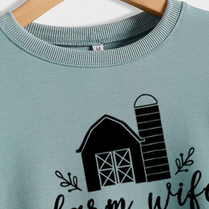 Farm Wife HAPPY Round Neck Women Long Sleeve Printed Sweater