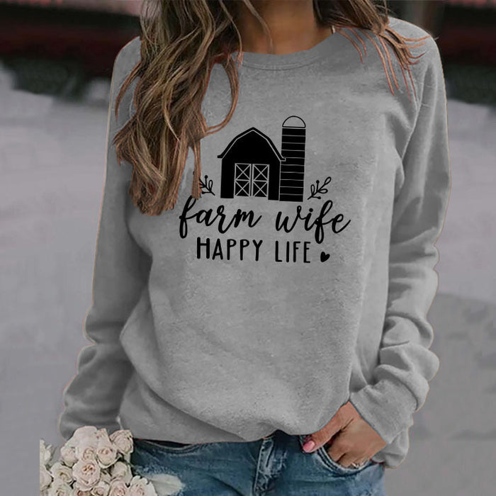 Farm Wife HAPPY Round Neck Women Long Sleeve Printed Sweater