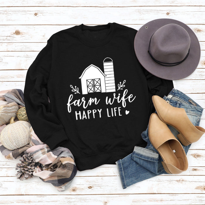 Farm Wife HAPPY Round Neck Women Long Sleeve Printed Sweater