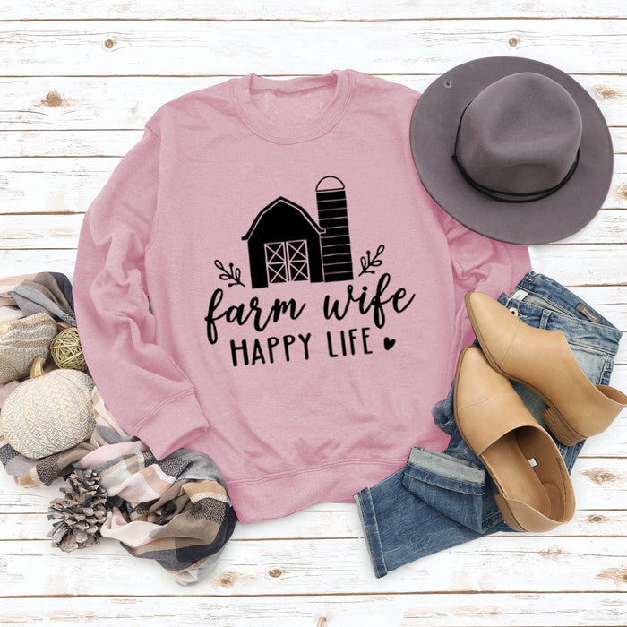 Farm Wife HAPPY Round Neck Women Long Sleeve Printed Sweater