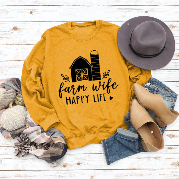 Farm Wife HAPPY Round Neck Women Long Sleeve Printed Sweater