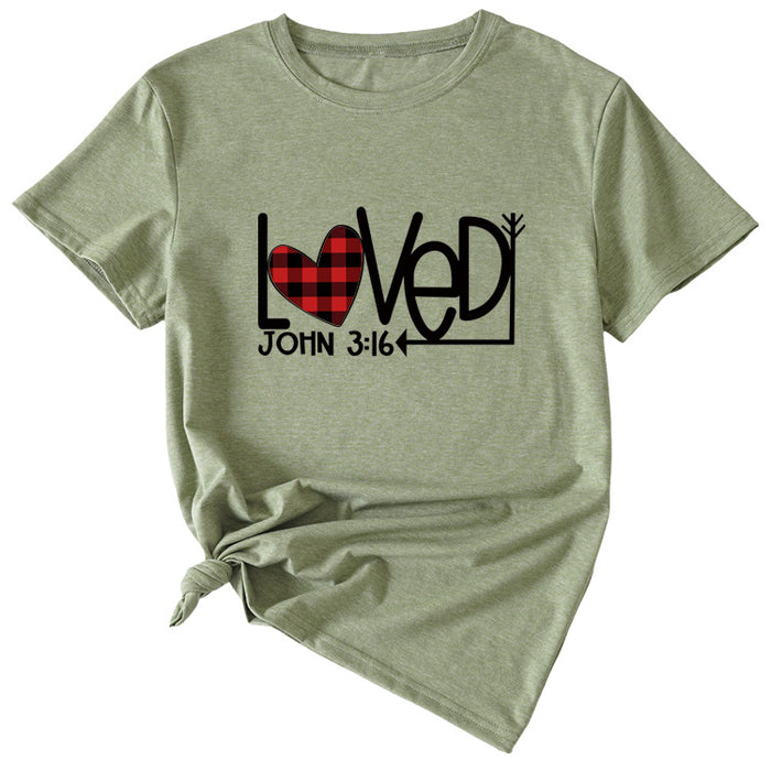 Fashion Casual Womens T-shirt LOVED Plaid Love Pattern Short Sleeves
