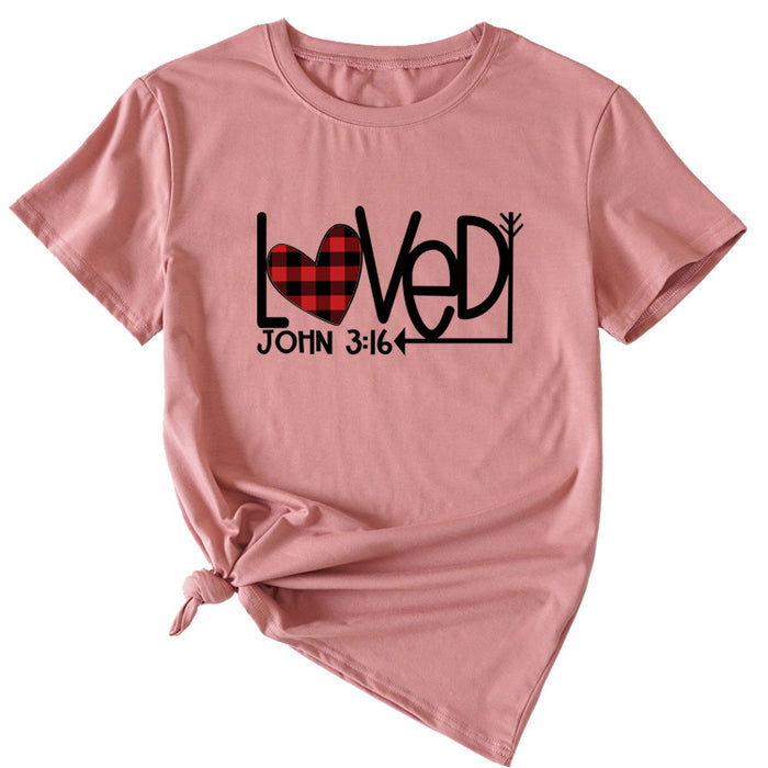 Fashion Casual Womens T-shirt LOVED Plaid Love Pattern Short Sleeves