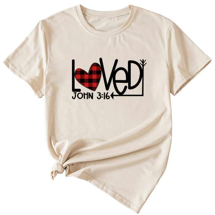 Fashion Casual Womens T-shirt LOVED Plaid Love Pattern Short Sleeves