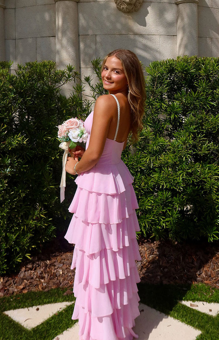 Beginning Boutique Felicity Pink Pearl Strap Ruffle Maxi Dress light pink tiered ruffle maxi dress with pearl spaghetti strap