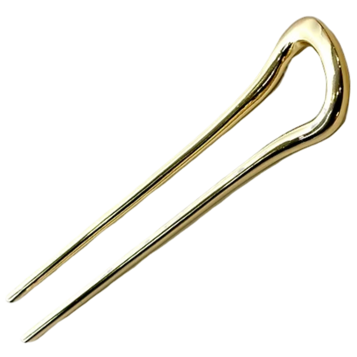 Ficcare Sara Chignon Hair Pin in shiny gold with sculptural U-shaped design for securing buns and partial updos.