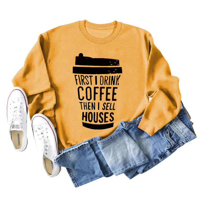 First I Drink Coffee Letter Coffee Fashion Long Sleeve Sweater Women