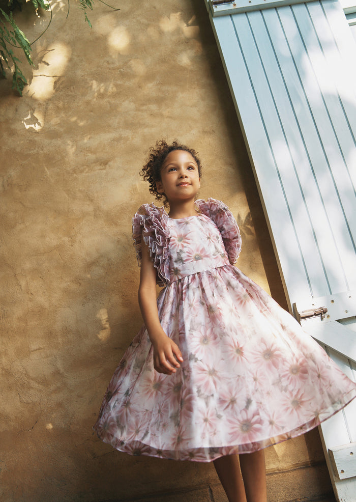 Flora Ruffle Sleeve Organza Print Dress