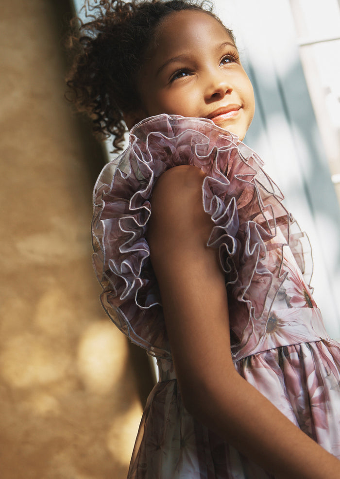 Flora Ruffle Sleeve Organza Print Dress