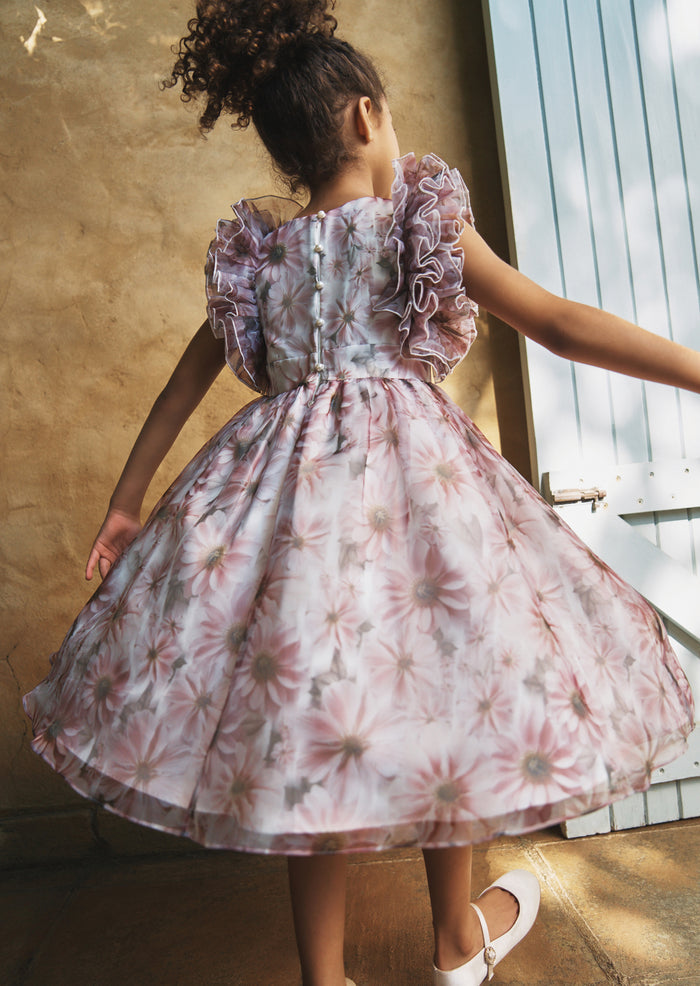 Flora Ruffle Sleeve Organza Print Dress