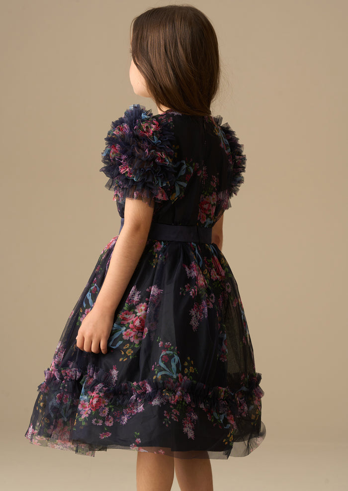 Florence Navy Ruffle Mesh Sleeve Dress