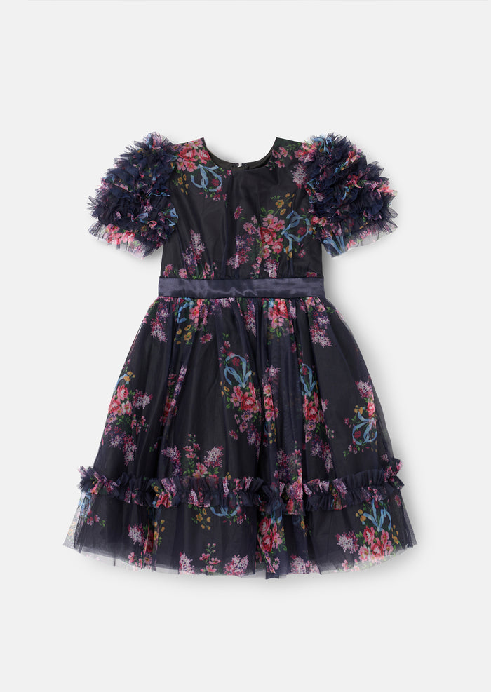 Florence Navy Ruffle Mesh Sleeve Dress
