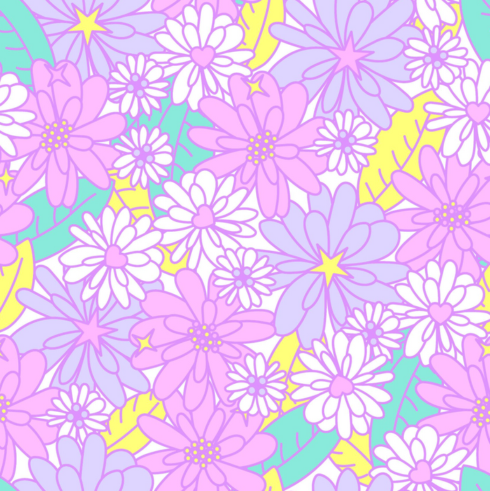 Pattern of colorful flowers with purple, white, and yellow colors on a multicolored background.