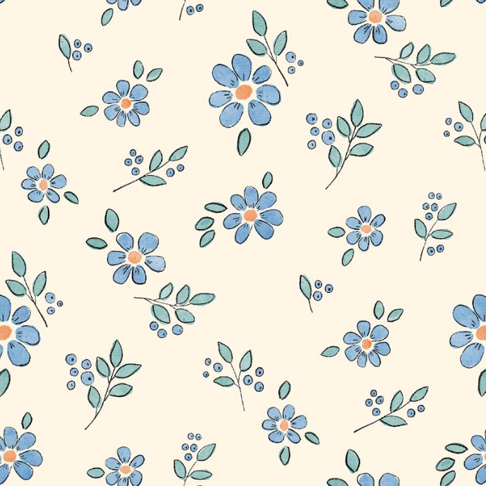 A repeating floral pattern featuring light blue forget-me-not flowers with yellow centers and teal-green leaves on a warm cream background.