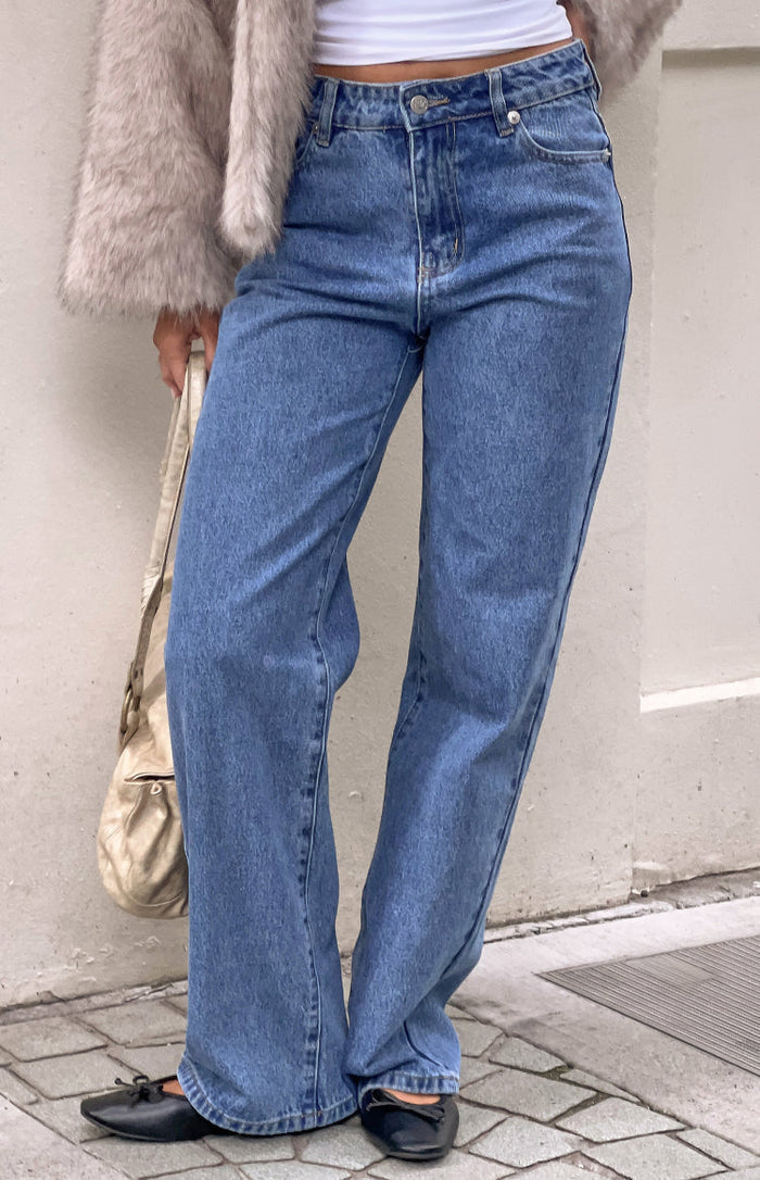 Beginning Boutique Fran Eyelet Mid Wash Pocket Jeans mid wash blue denim relaxed straight leg jeans with front pockets