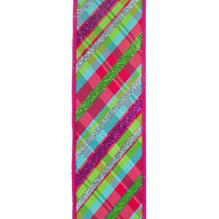 Fuchsia wired ribbon with bright green, turquoise, pink, and glitter diagonal plaid stripes, 2.5 inches wide, shown in loose loops for Christmas trees, bows, wreaths, and garlands.