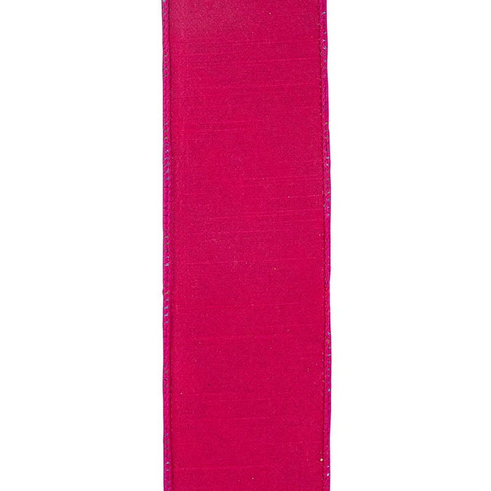Fuchsia wired ribbon with bright green, turquoise, pink, and glitter diagonal plaid stripes, 2.5 inches wide, shown in loose loops for Christmas trees, bows, wreaths, and garlands.