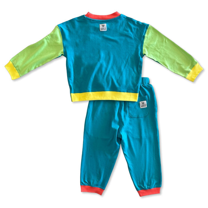 Children's blue and green outfit with yellow accents on a white background