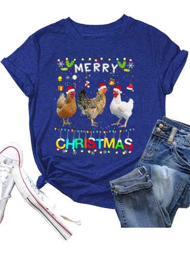 Funny Chicken Christmas Shirt Women Merry Christmas Chicken Shirt Santa Hat Lights Xmas T-Shirt