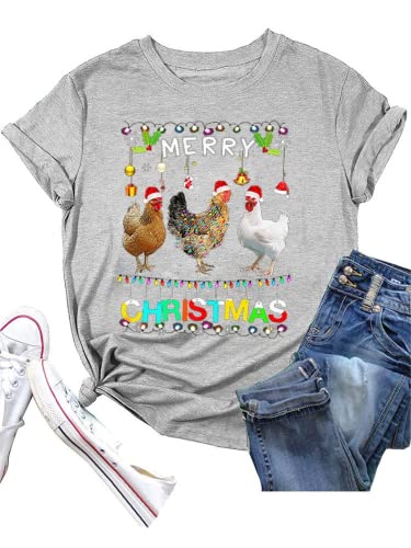 Funny Chicken Christmas Shirt Women Merry Christmas Chicken Shirt Santa Hat Lights Xmas T-Shirt