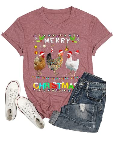 Funny Chicken Christmas Shirt Women Merry Christmas Chicken Shirt Santa Hat Lights Xmas T-Shirt