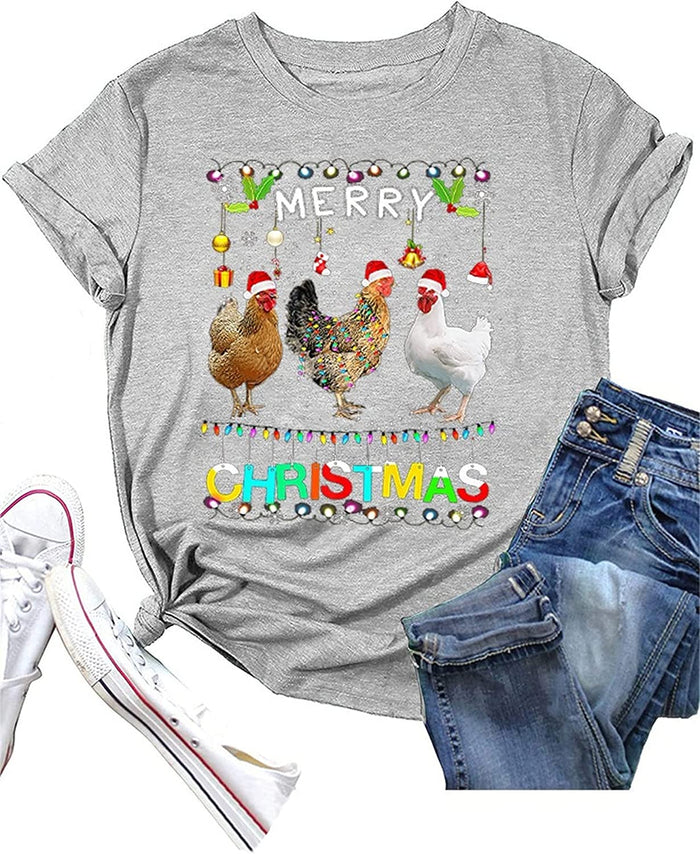 Funny Chicken Christmas Shirt Women Merry Christmas Chicken Shirt Santa Hat Lights Xmas T-Shirt