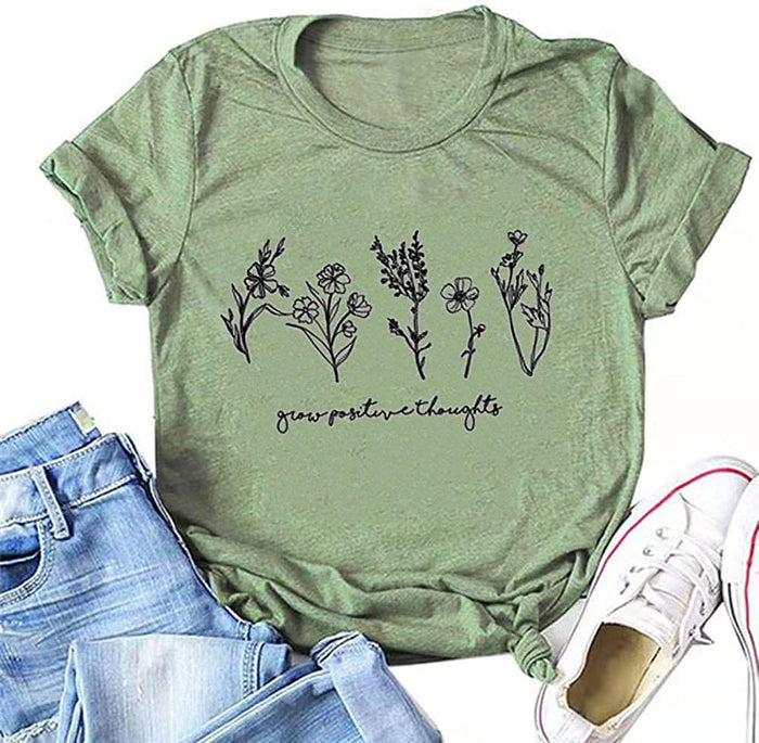 FZLYE Women Grow Positive Thoughts Letter Short Sleeve Graphic T Shirt