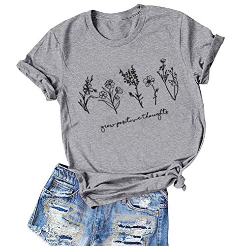 FZLYE Women Grow Positive Thoughts Letter Short Sleeve Graphic T Shirt