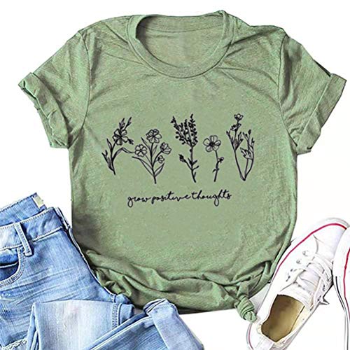 FZLYE Women Grow Positive Thoughts Letter Short Sleeve Graphic T Shirt