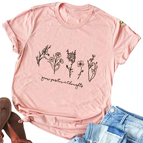 FZLYE Women Grow Positive Thoughts Letter Short Sleeve Graphic T Shirt