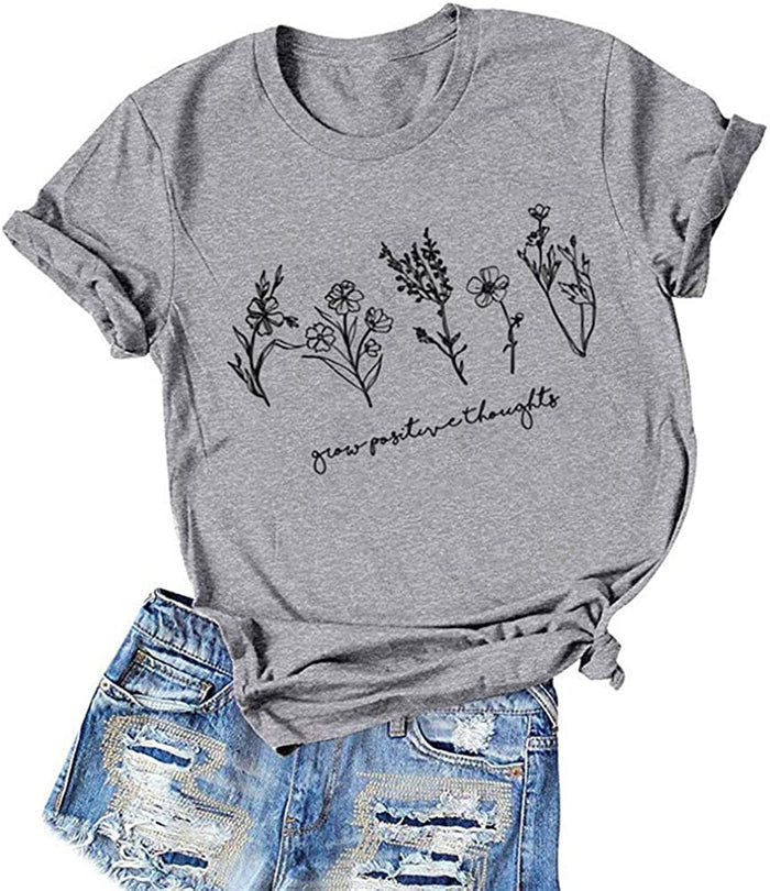FZLYE Women Grow Positive Thoughts Letter Short Sleeve Graphic T Shirt