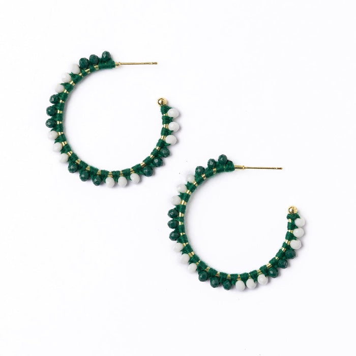 Game Day Crystal Threaded Beads Hoop Earrings Green + White Hoops