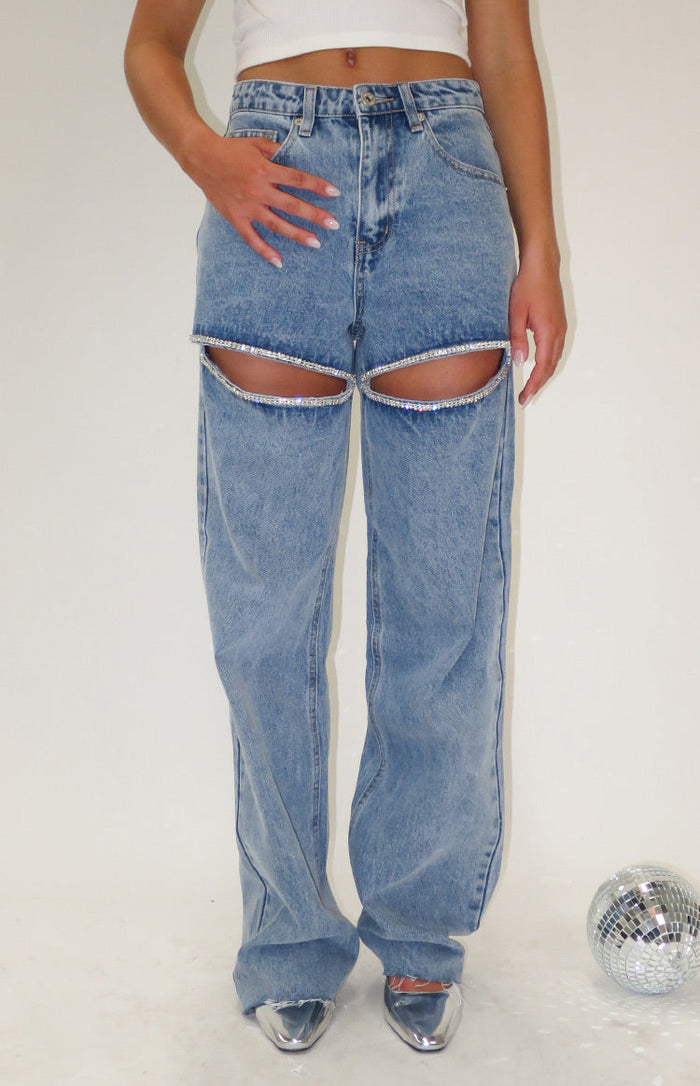 Beginning Boutique Gem Diamante Trim Wide Leg Denim Jeans light blue wash wide leg denim jeans with diamante trim cutouts on the thighs