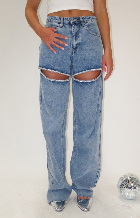 Beginning Boutique Gem Diamante Trim Wide Leg Denim Jeans light blue wash wide leg denim jeans with diamante trim cutouts on the thighs