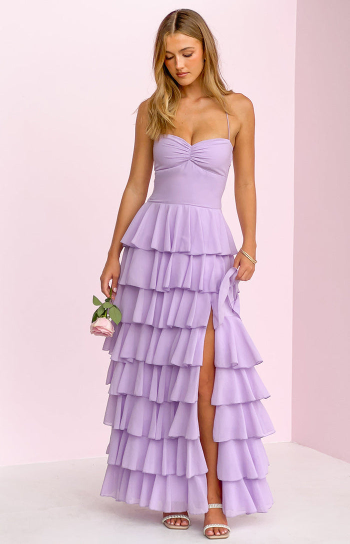 Lilac ruched sweetheart maxi dress with tiered ruffles and a high leg split