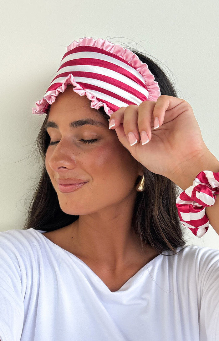 Beginning Boutique Georgina Eye Mask and Scrunchie Satin Set red and white striped satin eye mask with pink ruffled trim and matching scrunchie