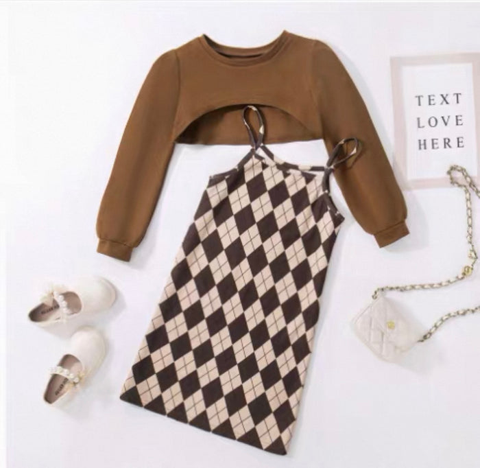 Brown long-sleeve top and checkered skirt with shoes and handbag on a white background