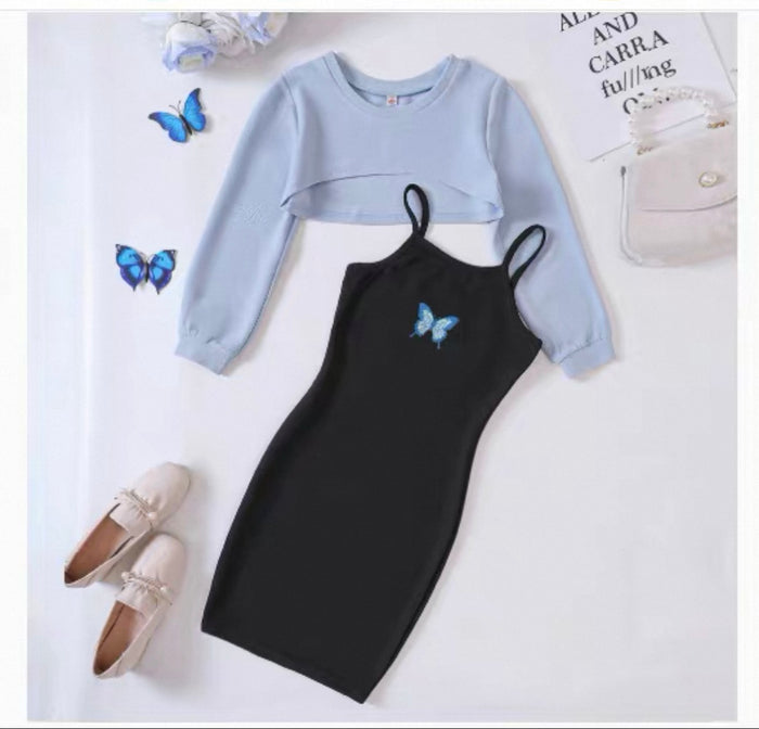 Light blue sweatshirt and black dress with butterfly design on a white background