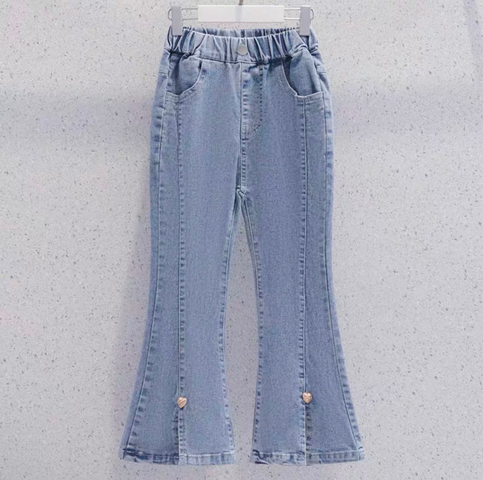 Light blue jeans with an elastic waistband on a gray background
