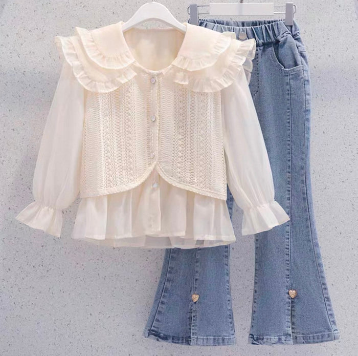 Girls' Bell-Bottom Jeans Suit Two-Piece Doll Collar Shirt Two-Piece Set