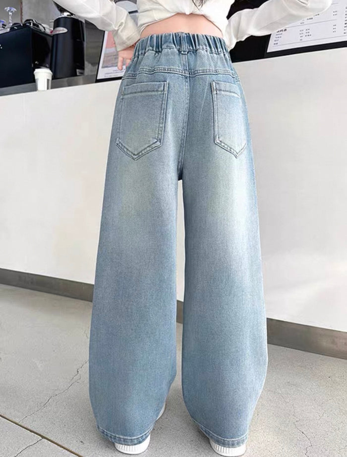 Light blue wide-leg jeans worn by a person in an indoor setting.