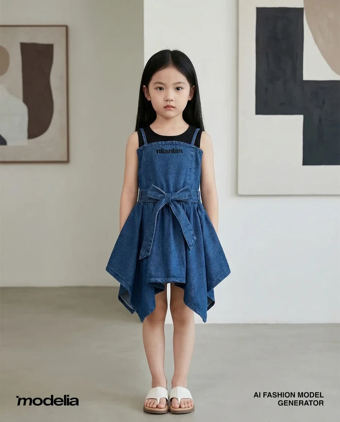 Young girl wearing a blue denim dress standing in a room with abstract art on the walls.