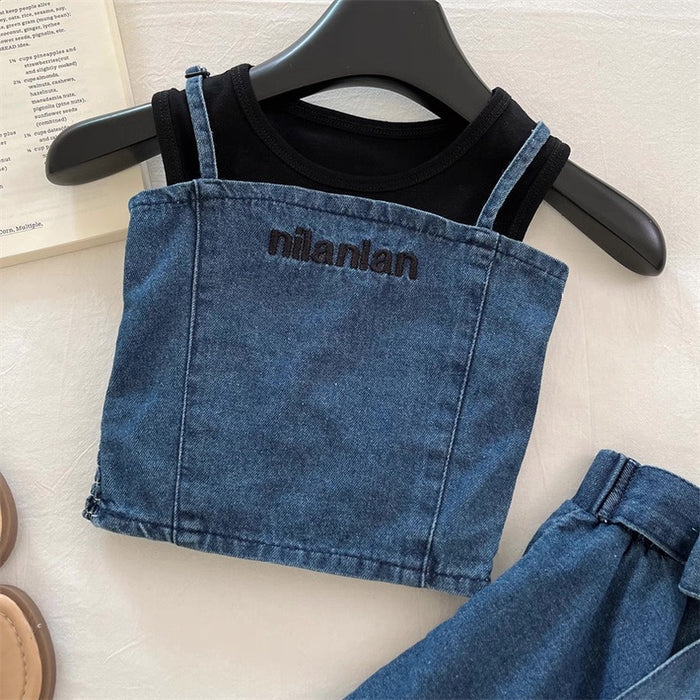Blue denim skirt with 'nilanlan' branding on a hanger against a light background.