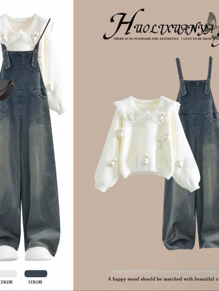 Denim overalls with a white floral top on a beige background, featuring the brand 'Huoxuan'.