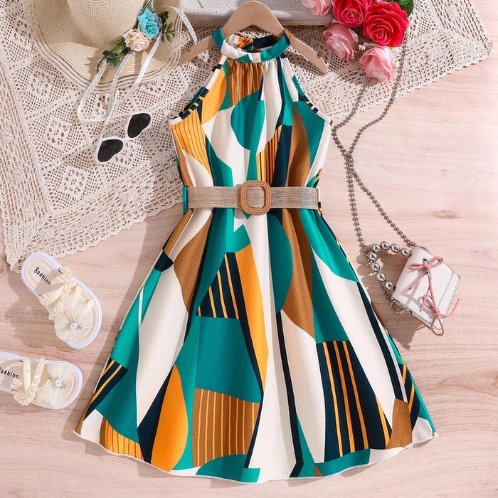 Girls Geometric Halter Dress with Belt – Canada