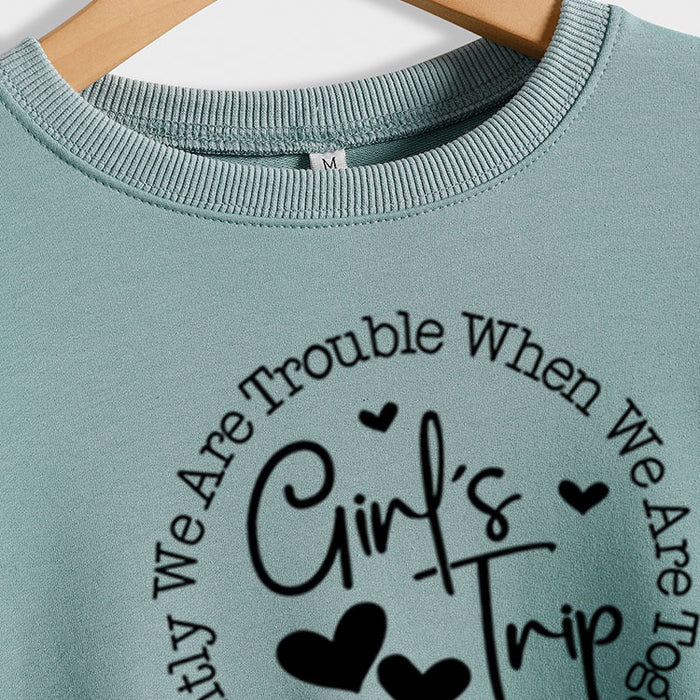 Girl's Trip Letter Heart Print Long-sleeved Loose Sweater Shirt for Women