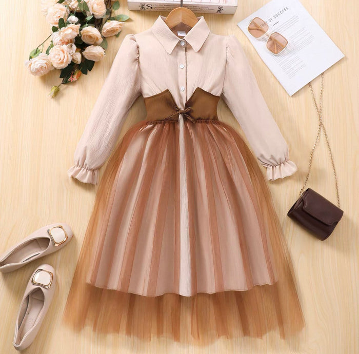 Two-tone dress with beige top and brown skirt on a wooden surface with shoes and flowers.