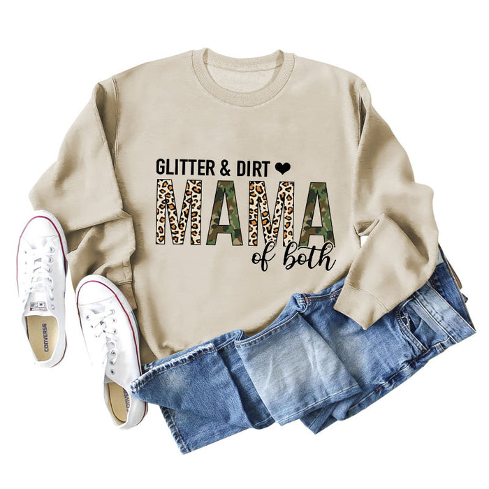 GLITER DIRT MAMA Round Neck Loose Leopard Print Long-sleeved Sweater for Women