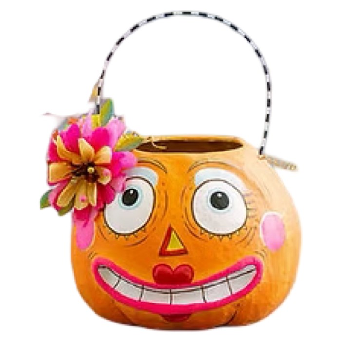 Glitterville Pumpkin Betty and Gossip Gourdy orange papier-mâché Halloween buckets with colorful hand-painted faces and striped handles.