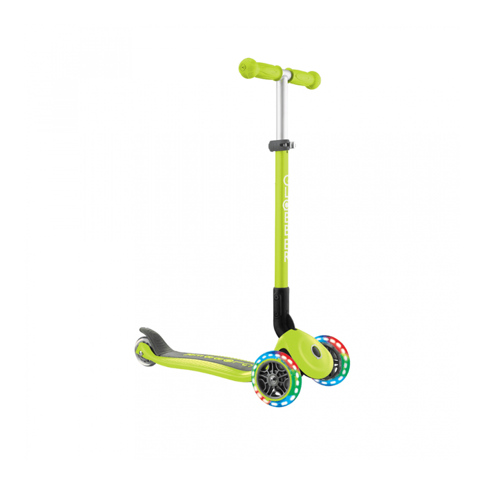 Globber Primo Foldable Scooter with Light and Anodized Tbar - Lime Green/Khaki Green